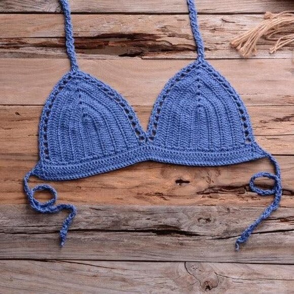 Blue Handmade Crochet Bikini Top Bra Halter Tie Swimwear Beach Boho S-XL - Picture 2 of 4